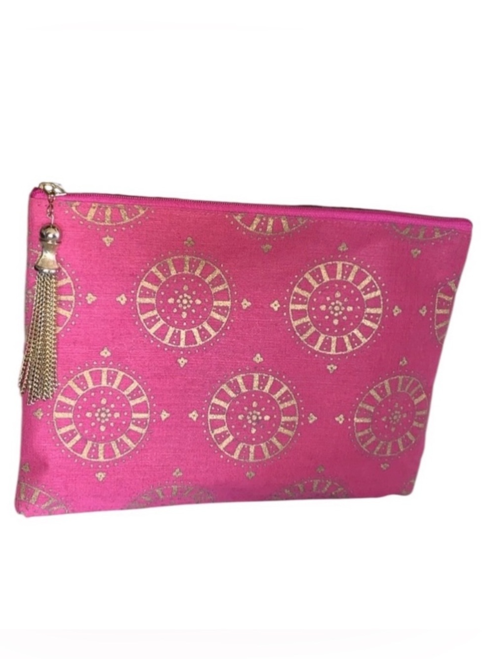 MUD PIE pink canvas clutch, gold block print pattern, zippered with metal tassel